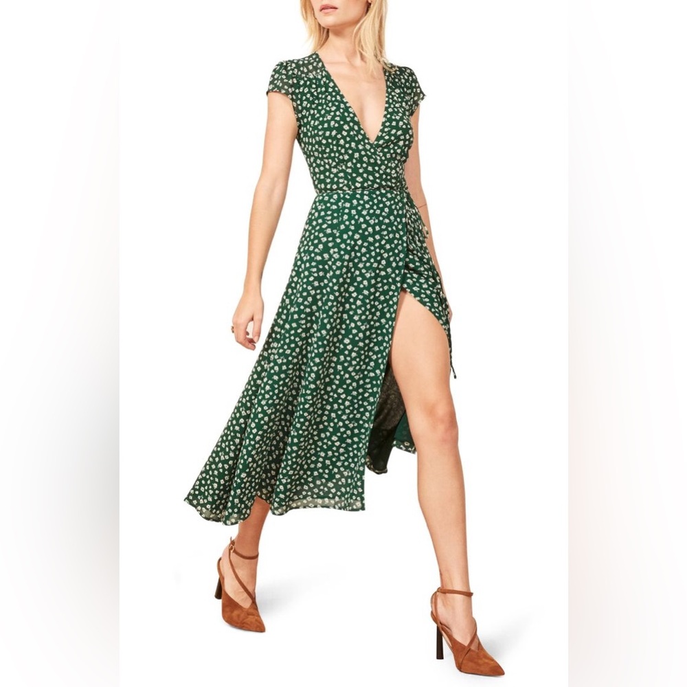 reformation green dress nordstrom Reformation Women's Winslow Short Sleeve Emerald Wrap Maxi Green Dress Size XS